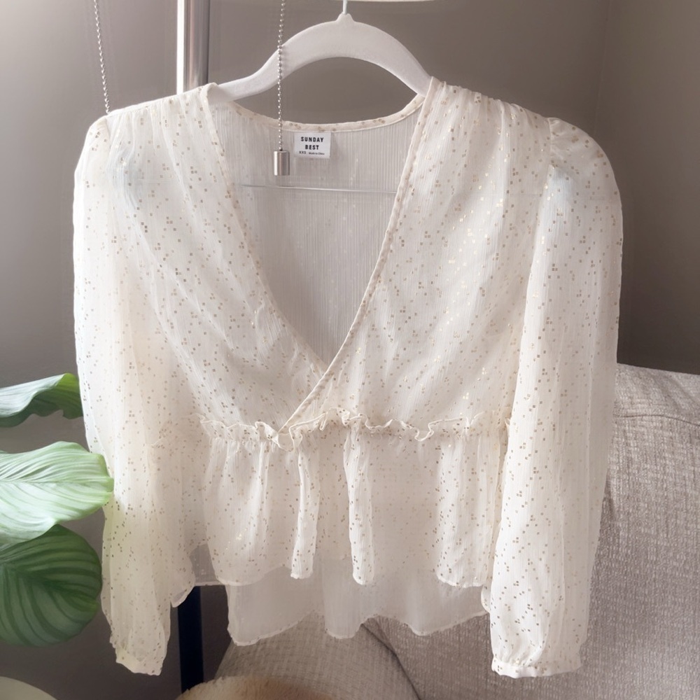 Sunday Best aritzia Cream Blouse gold sprinkles sheer